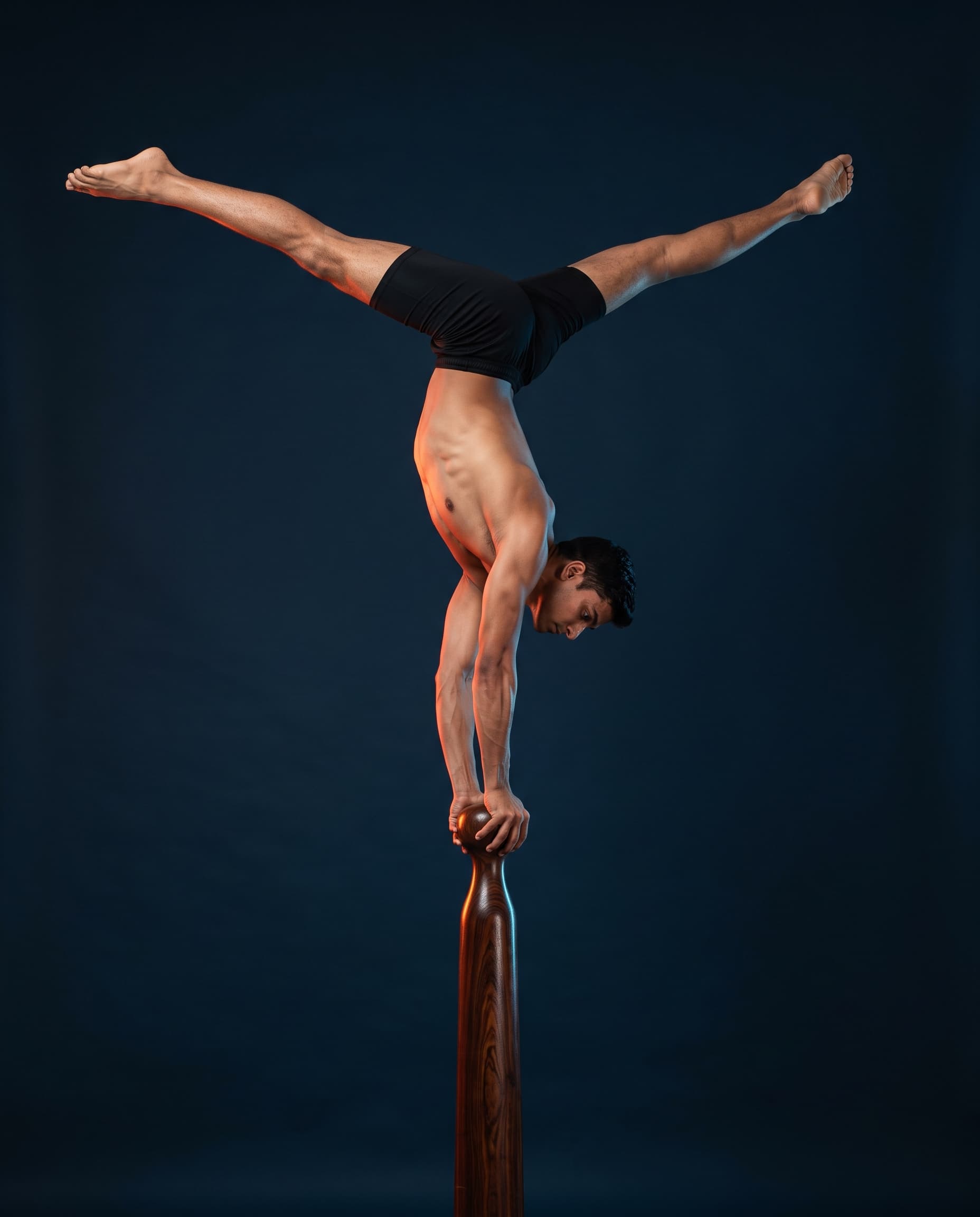 Close view of an athlete gripping the rounded wooden head of a Mallakhamb pole with both hands